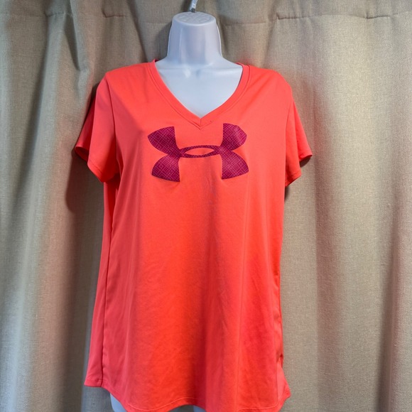 Under Armour HeatGear Semi Fitted V Neck Shirt Women's Large L Pink Orange - Picture 1 of 4
